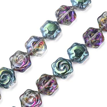 Imagem de UR URLIFEHALL 200 peças AB contas de vidro de flor de cristal ciano escuro galvanizadas planas hexagonais contas de vidro floral camafeus fios para artesanato