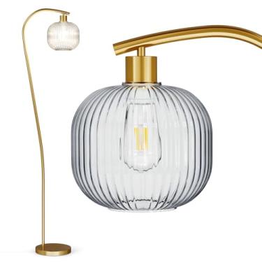 Imagem de Uyeemnt Luminária de chão de arco dourado para sala de estar, luminária de pé moderna com abajur de vidro nervurado verde, lâmpada de 170 cm de altura para quarto, sala de estudo, escritório (lâmpada