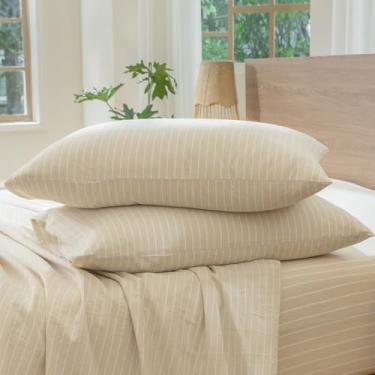 Imagem de MooMee Fronhas de cama listradas, pacote com 2 100% algodão lavado, linho, texturizado, respirável, durável, macio e confortável (listras largas brancas cinza leite amêndoa, padrão)
