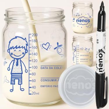 Imagem de 12 Potes de Vidro Armazenar Leite Materno ou Papinha com Graduação e Caneta (MENINO)