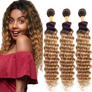 Imagem de Feixes de Cabelo Humano Castanho Escuro Destaque T4/27 Ombre Loiro Mel Cabelo Humano Ondulado Profundo 10 12 14 Polegadas Marrom Trama Dupla Sem Queda