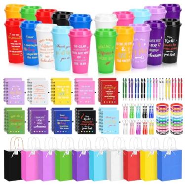 Imagem de 141 peças/20 conjuntos de presente de agradecimento de funcionários a granel presente de agradecimento inspirador com copos de plástico de 473 ml, cadernos, caneta, pulseiras de silicone, chaveiro