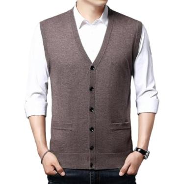 Imagem de Colete De Lã Masculino Primavera Outono Camisola Sem Mangas Sólida Casual Com Decote Em V Colete De Malha Com Bolsos, Khaki, L