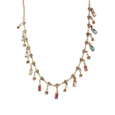 Imagem de DIAMANTIO Elegante colar de cristal arco-íris banhado a ouro 18 K – Gargantilha delicada de corrente ajustável com pingentes coloridos de zircônia cúbica baguete – Joias modernas para mulheres