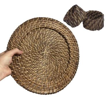 Imagem de Kit 6 Sousplats em Rattan e Bambu + 6 Porta-Guardanapos em Rattan Conjunto e Decoração para Mesa Posta Luxuosa e Sofisticada