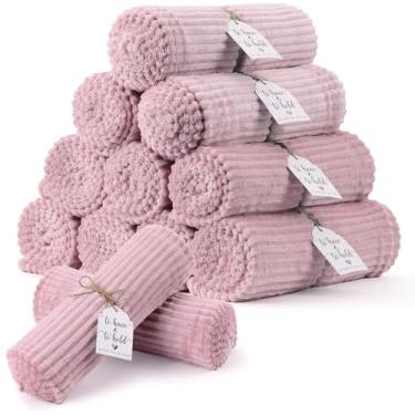 Imagem de Cobertor de flanela rosa empoeirado de 12 peças de cobertor de flanela rosa empoeirado a granel 127 x 152 cm para ter que segurar cartão listrado cobertor macio cobertor leve para todas as estações