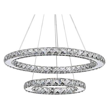 Imagem de Lustre Luzes de Teto Lustre Luz Lustre de Cristal 2 Anéis LED Lustre de Cristal Redondo Elegante Luz Pendente Regulável com Controle Remoto Aço Inoxidável Pendurado Luminária de Teto Ajustáv