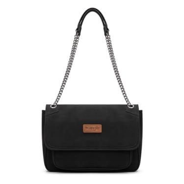 Imagem de Wrangler Bolsa de ombro feminina retrô bolsas e bolsas transversais com alça de corrente, Preto, 11.81"L x 3.54"W x 8.27"H, Retrô