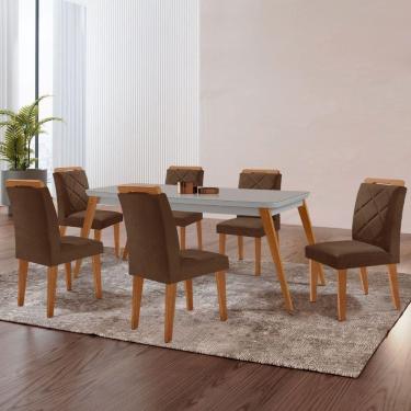 Imagem de Mesa Copper 180cm Mdf Vidro E 6 Cadeiras Melissa Veludo Marrom/off/nat/serig Off Com Vidro