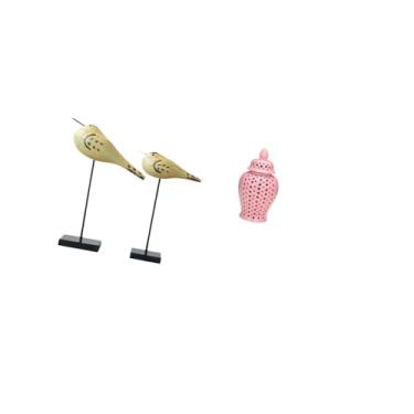 Imagem de Fenteer Estatuetas Modernas de Pássaros de Madeira E Jarra de Cerâmica com Gengibre, Vaso de Porcelana com Tampa para Arranjos Florais E Ornamentos Decorativo