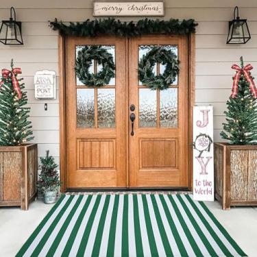 Imagem de Tapete listrado de Natal verde e branco, 8,5 x 1,5 m, tapete de área interna/externa para varanda de casa de fazenda, entrada, lavável na máquina, tapete de porta de boas-vindas tecido de algodão