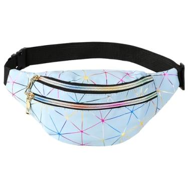 Imagem de Bicfuiot Pochete feminina dos anos 80, 90, moderna, holográfica, azul, pochete à prova d'água, bolsa de cintura pequena brilhante com cinto ajustável à prova d'água para festas e festivais