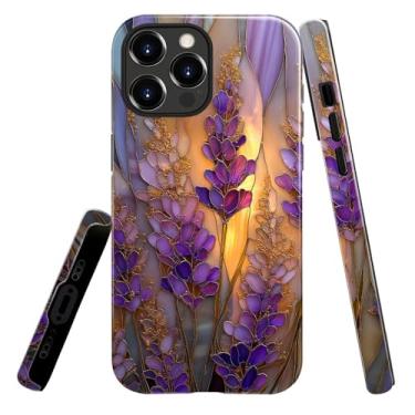 Imagem de heindiy Compatível com iPhone 16 Pro Max, capa brilhante, proteção total, à prova de choque, anti-arranhões, capa de TPU, capas para homem, mulher, vitral, lavanda em flor