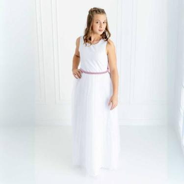 Imagem de Vestido Infantil Longo Branco com Tule e Cinto Rose Daminha Casamento 