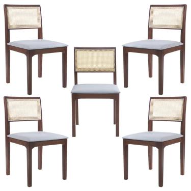 Imagem de Kit 05 Cadeiras Sala de Jantar Madeira Maciça Nivea Tela Rattan Sextavano Linho Cinza/Amêndoa G55 - Gran Belo