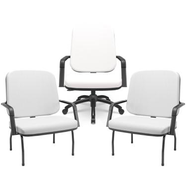 Imagem de Kit Cadeira de Escritório Giratória e 2 Cadeiras Fixas Preta Magno P03 Vinil Branco - Lyam Decor