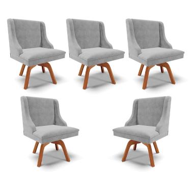 Imagem de Kit 5 Cadeiras Decorativas Sala de Jantar Base Giratória de Madeira Firenze Suede Cinza/Natural G19 - Gran Belo