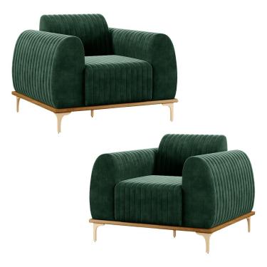 Imagem de Kit 2 Poltronas Decorativas Sala de Estar Base de Madeira Euro Veludo Verde - Gran Belo