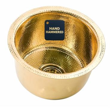 Imagem de Nantucket Pia de barra de latão martelada à mão sem laca – Pia de cozinha pequena de 38 cm para bar molhado e área de preparação, tigela única redonda, suporte suspenso ou submontado, feito à mão, cor