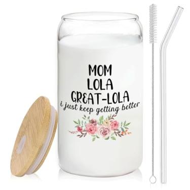 Imagem de BEHIFL Melhores presentes de Natal para avó mãe Lola Great Lola copo de café de vidro com tampa e canudos 400 ml - copo de vidro presentes de natal para avó