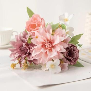 Imagem de 1 peça de flor artificial de seda, peônia, buquê de casamento, decoração para casa, vaso de mesa, caixa faça você mesmo, álbum de recortes (1 peça/cor 1)