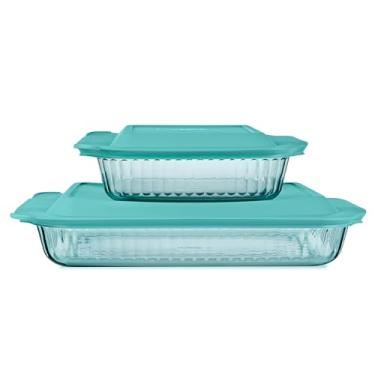 Imagem de Pyrex Assadeira de vidro colorido colorido (pacote com 2 unidades) com tampa sem BPA, panela de vidro oblonga para caçarola e lasanha, máquina de lavar louça, freezer, micro-ondas e forno pré-aquecido