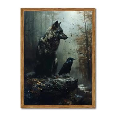 Imagem de Arte de parede em tela vintage emoldurada de lobo e corvo, decoração de parede com imagens de corvo escuro gótico de Halloween, pinturas de animais da floresta temperamental, decoração de casa