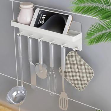 Imagem de Porta-chaves sem furadeira montado na parede com ganchos para itens pequenos, prateleira adesiva de fácil instalação com suporte para telefone