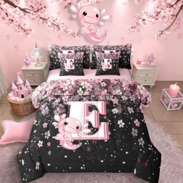 Imagem de Erosebridal Jogo de cama casal com tema de axolote fofo, 7 peças, para crianças, meninas e adolescentes, com lençol de cima e lençol com elástico (rosa e branco)