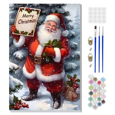 Imagem de DOMROM Kit de pintura emoldurada de Natal por números para adultos com cavalete de madeira, kit de pintura de Papai Noel por números para iniciantes, kits de pintura a óleo DIY para decoração de