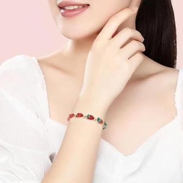 Imagem de 1 peça linda pulseira ajustável de morango adorável pulseira tema fruta moda corrente de pulso adorável joia para mulheres