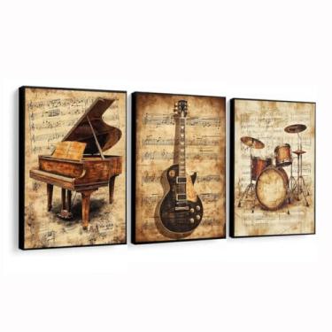 Imagem de Quadros Decorativos Guitarra Piano Bateria Música Instrumentos Quarto Sala Moderno Com Moldura