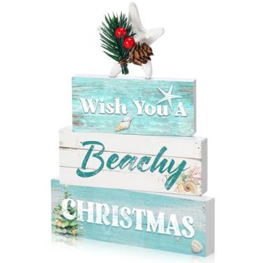 Imagem de Fiwochic 4 peças de decoração de mesa de Natal na praia, estrela-do-mar, concha de praia, bandeja em camadas, decoração de madeira, placas de mesa de Natal, mesa de Natal, peça central para festa