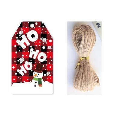 Imagem de 50 etiquetas de presente de papel de Natal com cordas, etiquetas de presente de papel de feliz Natal de 6,9 cm x 4,1 cm, etiquetas de presente com corda para lembrancinhas de festa, sacos pendurados