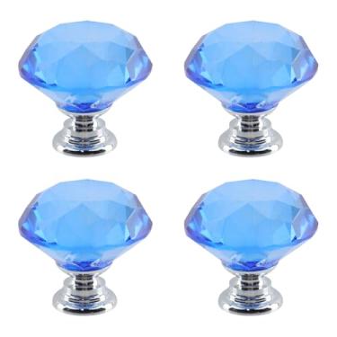 Imagem de Dahszhi 4 peças de diamante de topo plano 30 mm puxador de vidro de cristal puxadores de armário gavetas armário cômoda estante guarda-roupa, prata-azul