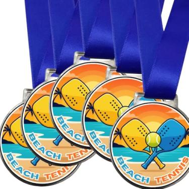 Imagem de Kit 5 Medalhas Para Beach Tennis Premiação 50mm Torneio jogo de Tênis Com Fita Azul