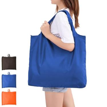 Imagem de Pacote com 1 sacola grande dobrável, reutilizável e resistente à água de nylon com alças para mulheres, perfeita para compras, viagens, armazenamento de mantimentos, 51 x 43 cm, azul