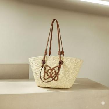 Imagem de Bolsa Feminina de Mão Modelo Ibiza de Palha Natural e Alça de Couro ma