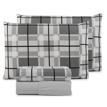 Imagem de Conjunto de lençóis algodão impresso casal rainha 4 peças(XADREZ CINZA)