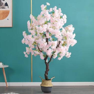 Imagem de Árvore De Borracha Artificial Japonesa, árvores De Plástico Com Flores De Cerejeira Artificiais E Vasos De Bambu, Plantas Artificiais Altas Extragrandes, Decora, White, 2m/6.5ft/78.7in