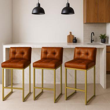 Imagem de Banqueta Cozinha Alta Com Encosto Industrial Kit 3 Dourado Lirina Pu C05 - D'rossi Nozes