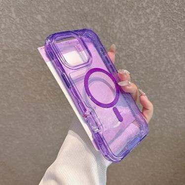Imagem de Capa transparente 3 em 1 com glitter neon para iPhone 16, 16pro max, 15 Pro, 14, 13 e 12, capa magnética com carregamento sem fio, roxa, para iPhone 14