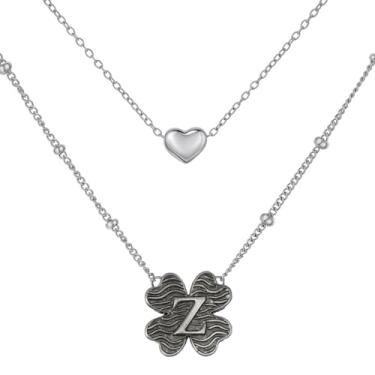 Imagem de MANZHEN Colar feminino com coração e trevo em camadas, inicial A-Z, design decorativo de elos de corrente, joias antigas, 18 Inches, Metal, Sem Pedra Preciosa