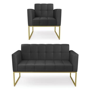 Imagem de Kit 1 Sofá Namoradeira E 1 Poltrona Elisa Corino Preto Base Metálica Industrial Dourado - D'rossi