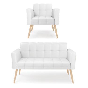 Imagem de Kit 1 Sofá Namoradeira E 1 Poltrona Elisa Corino Pés Palito Natural - D'rossi Cor Branco