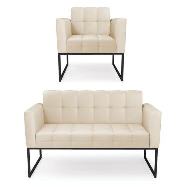 Imagem de Kit 1 Sofá Namoradeira E 1 Poltrona Elisa Corino Bege Base Metálica Industrial Preto - D'rossi