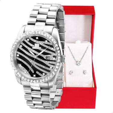 Imagem de Relógio Feminino Ana Hickmann Prata Social Cristais AH28204T Colar e Brincos