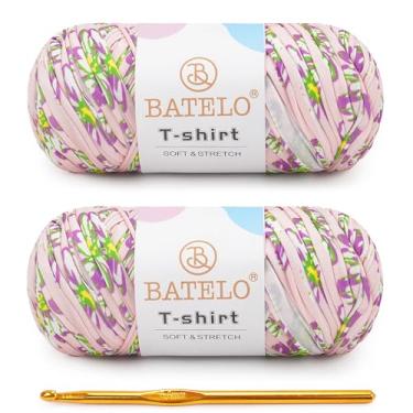 Imagem de BATELO Pacote com 2 fios de camiseta para iniciantes em crochê/cesta/porta-copos de 400 g/144 m de tecido elástico de poliéster grosso (rosa floral)