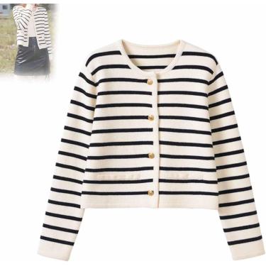 Imagem de Suéter De Manga Comprida Listrado Com Botão De Malha Feminina, Top De Lã Macia, Red, One Size