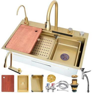 Imagem de Pia De Cozinha Em Cascata De Aço Inoxidável Preto Premium, Tigela Única Espaçosa Com Torneira Retrátil, Lavadora De Vidro, Cesta De Drenagem E Kit De Drenagem Nano R, Black#a, 75x45cm